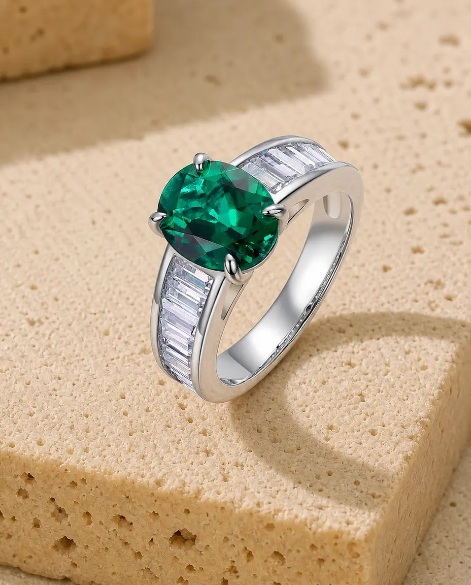 Smaragdring – Oval Solitär med Baguetteslipade Sidostenar, Statementring i 925 Sterling Silver