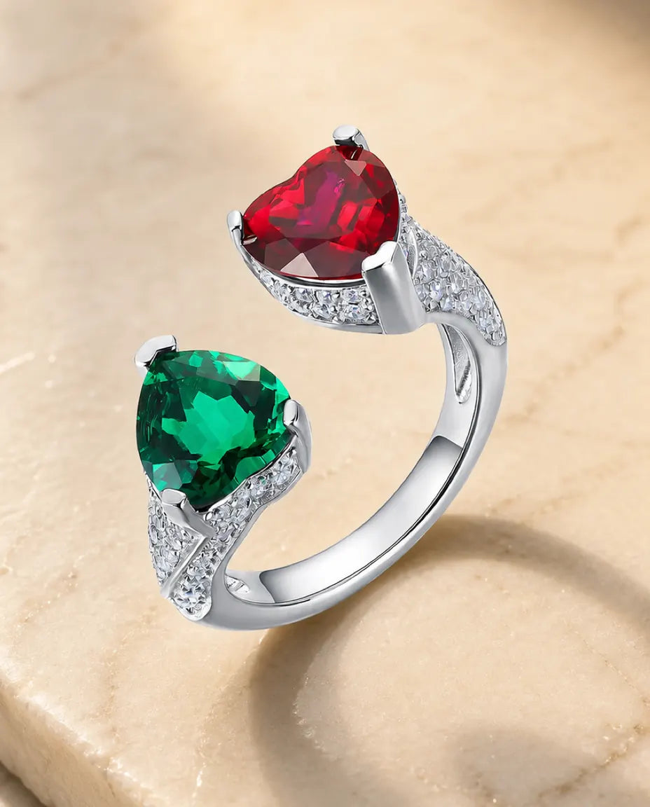 Smaragd- och Rubinring – Toi et Moi med Två Hjärtan, Justerbar Ring i 925 Sterling Silver