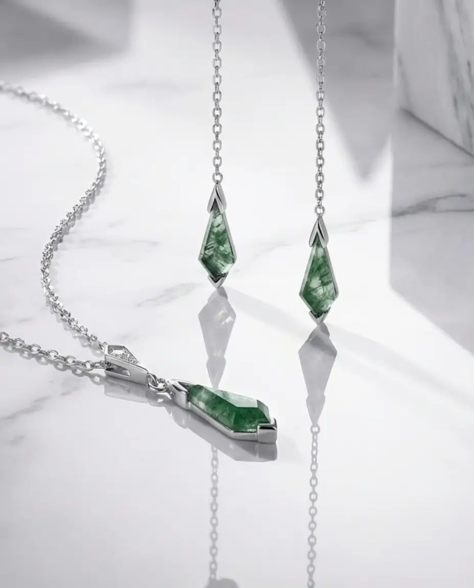 Moss Agate Smyckesset – Halsband och Örhängen med Kite-slipad Sten, 925 Sterling Silver, Gåva till Henne