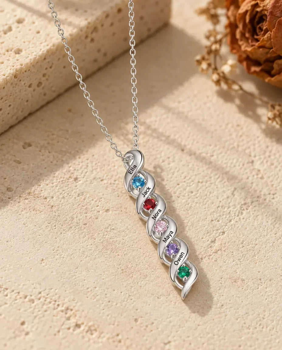 Personligt Spiralhalsband med Månadsstenar - framifrån i silver