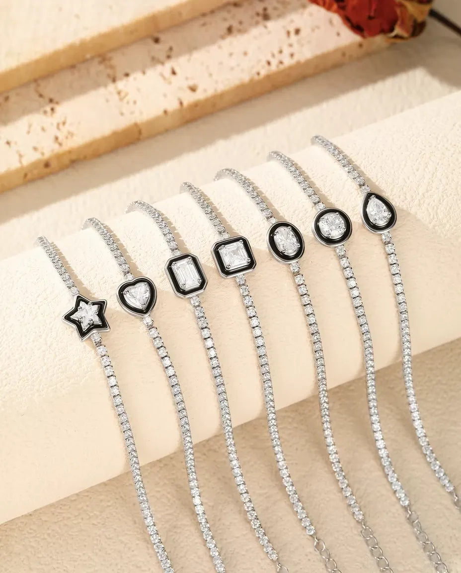 Tennisarmband i 925 Sterlingsilver med Zirkonia i Svart Ram - alla sju stenformer sida vid sida