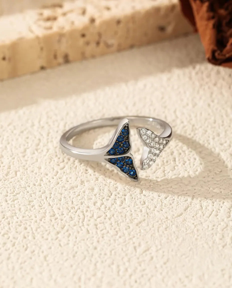 Valstjärt Ring öppen justerbar - blå och vita stenar, storlek US 6 till 9, 925 sterlingsilver