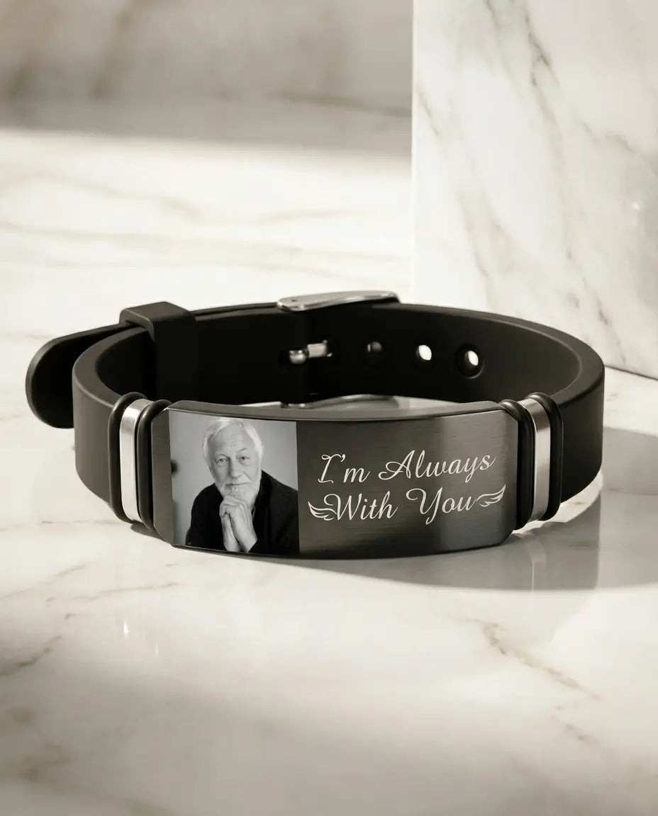 Armband med Bild Inuti – Silikonband med Graverad Platta i Rostfritt Stål