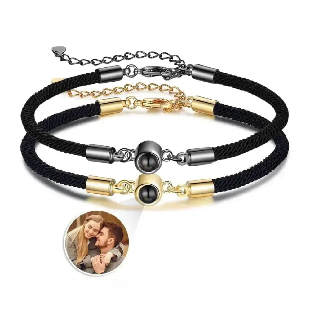 Armband för Par med Bild Inuti – Nylonsnodd i Guld & Svart, Set om 2