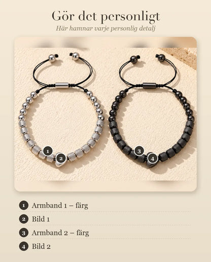 Guide som visar fälten Armband 1 – färg, Bild 1, Armband 2 – färg och Bild 2 på armbanden för par