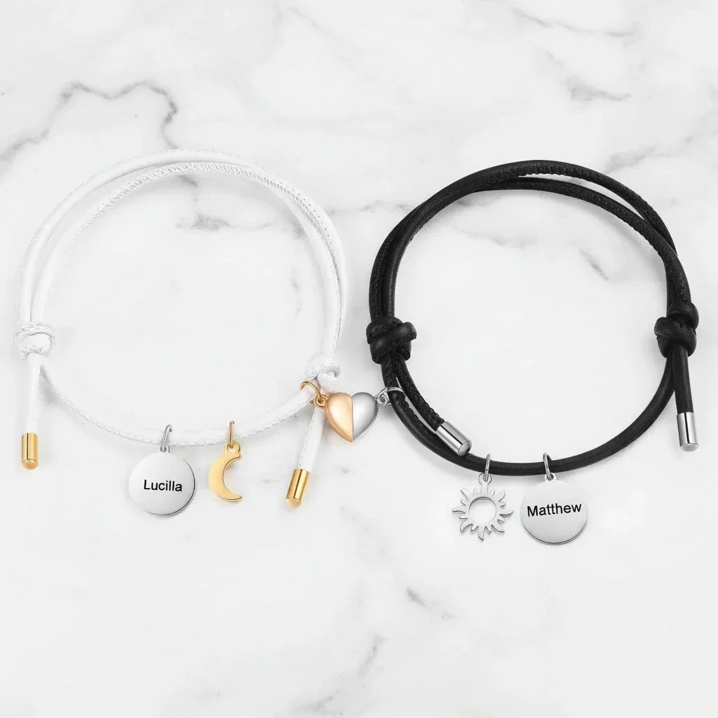 Armband för Par – Sol & Måne i Läder med Magnet och Graverade Berlocker
