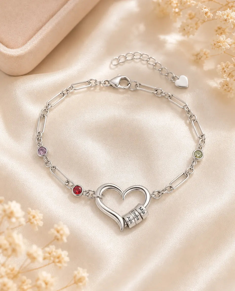 Graverat Armband – Namnpärlor och Månadsstenar, Vitguldpläterat