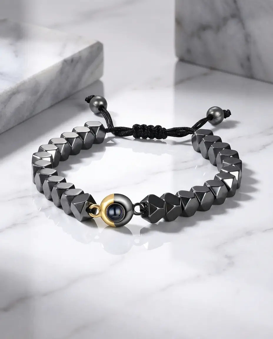 Armband med Bild Inuti – Äkta Hematitpärlor, Present för Par