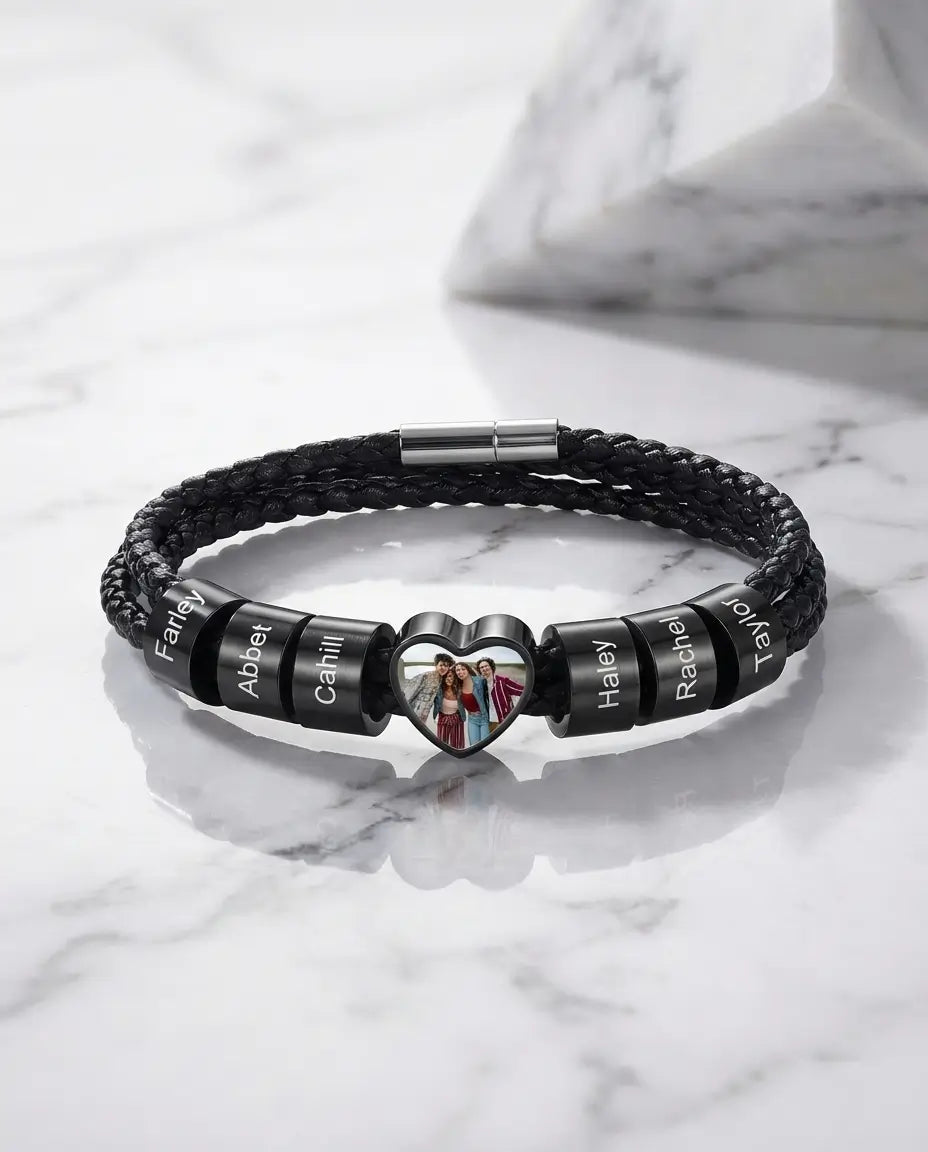 Armband Herr med Bild – Hjärtberlock i Rostfritt Stål med Upp till Sex Graverade Namn – Present till Pappa