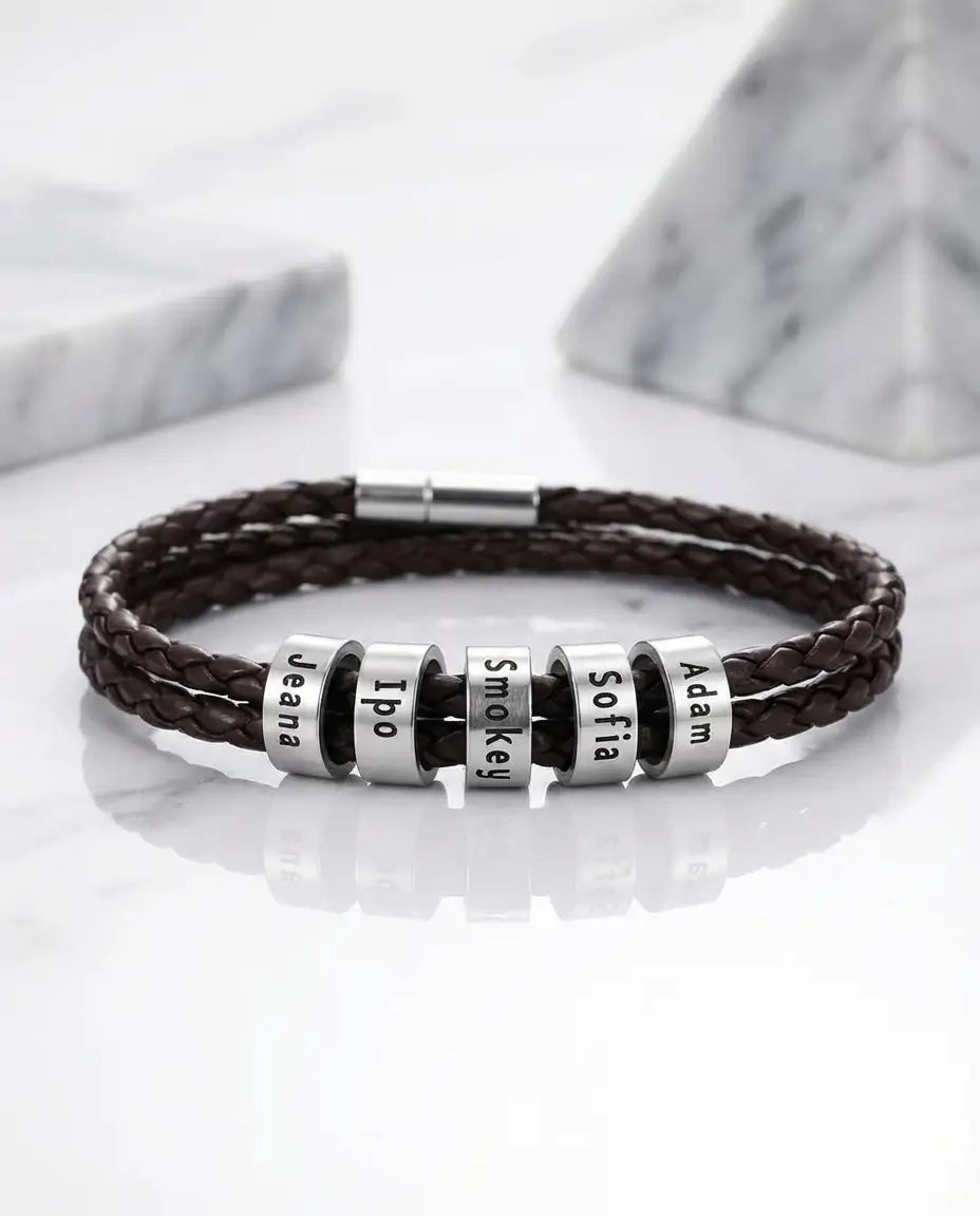 Flätat Läderarmband Herr – Brunt Läder med Graverade Pärlor i 925 Sterling Silver