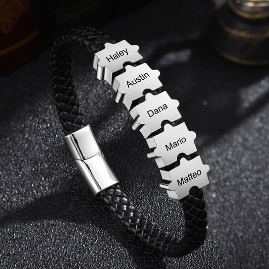Graverat Armband Herr – Läder med 2–5 Pusselpärlor i Stål