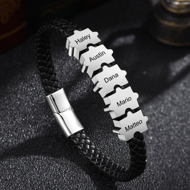 Graverat Armband Herr – Läder med 2–5 Pusselpärlor i Stål