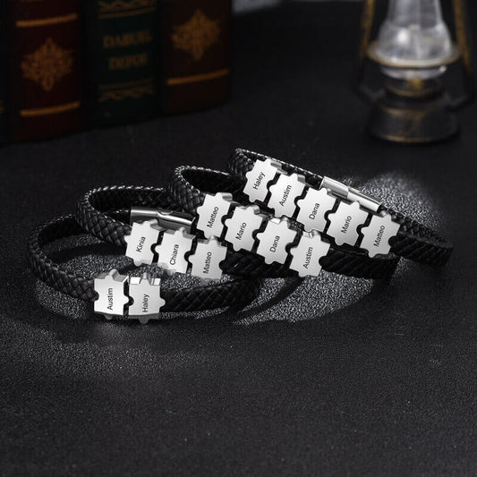 Graverat Armband Herr – Läder med 2–5 Pusselpärlor i Stål