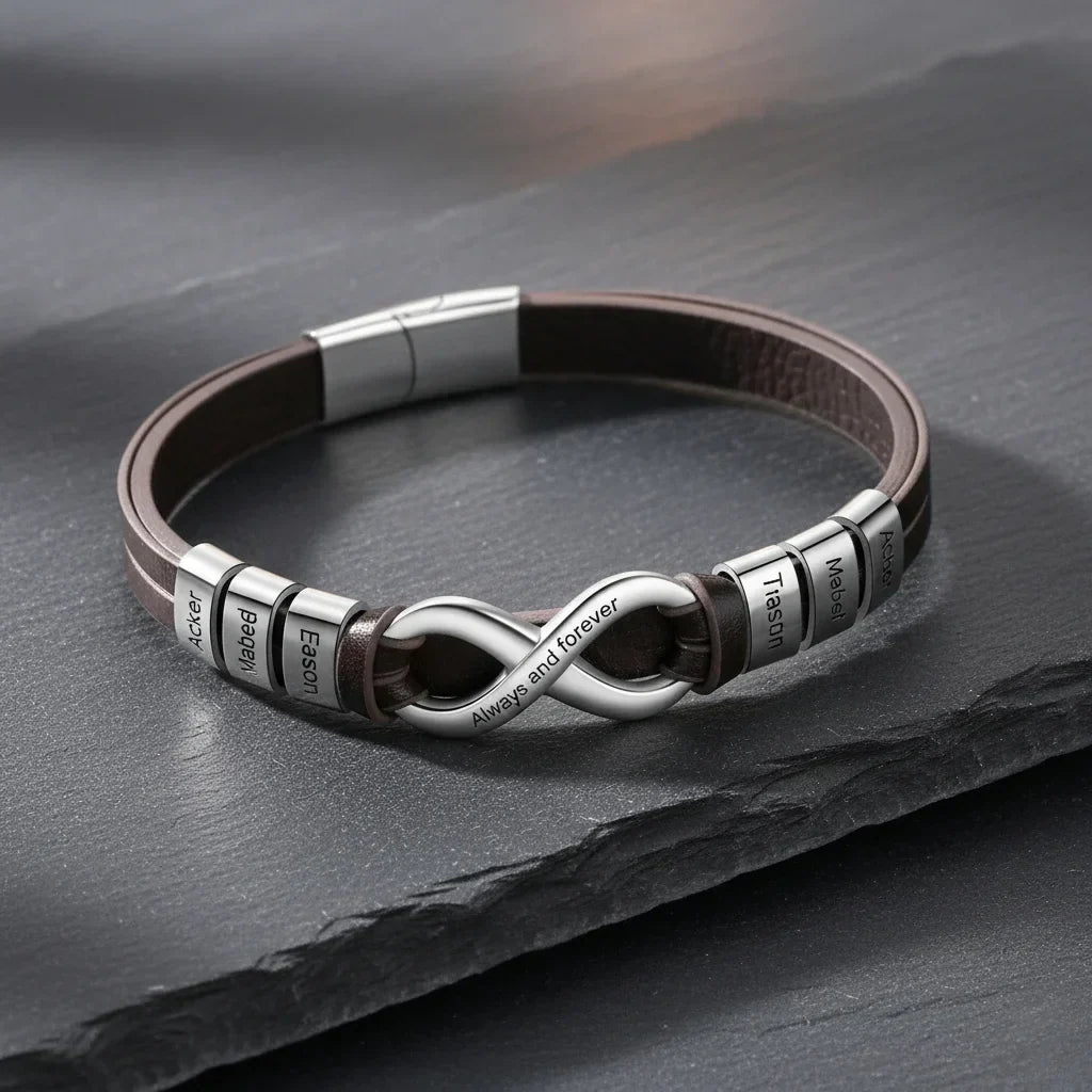 Graverat Läderarmband Herr – 2 till 6 Namn på Låset, Svart eller Brunt Läder