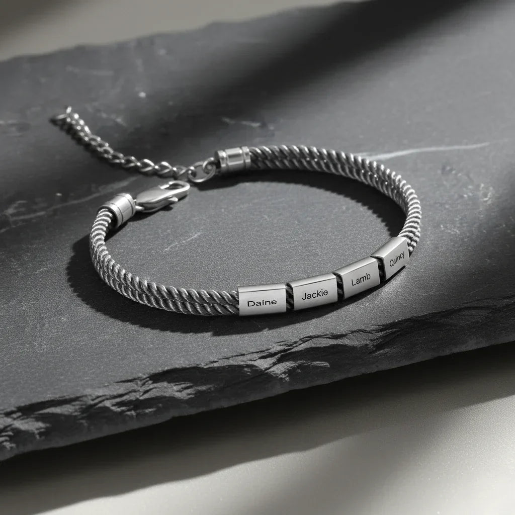 Armband Herr med Gravyr – Marint Rep och Graverad Platta i Rostfritt Stål