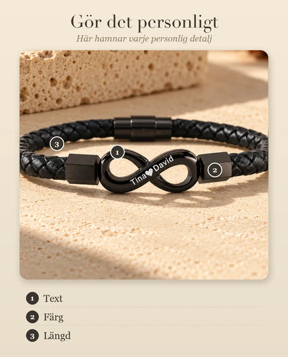 Guide som visar var gravyrtexten, färgen och längden gäller på det personliga armbandet