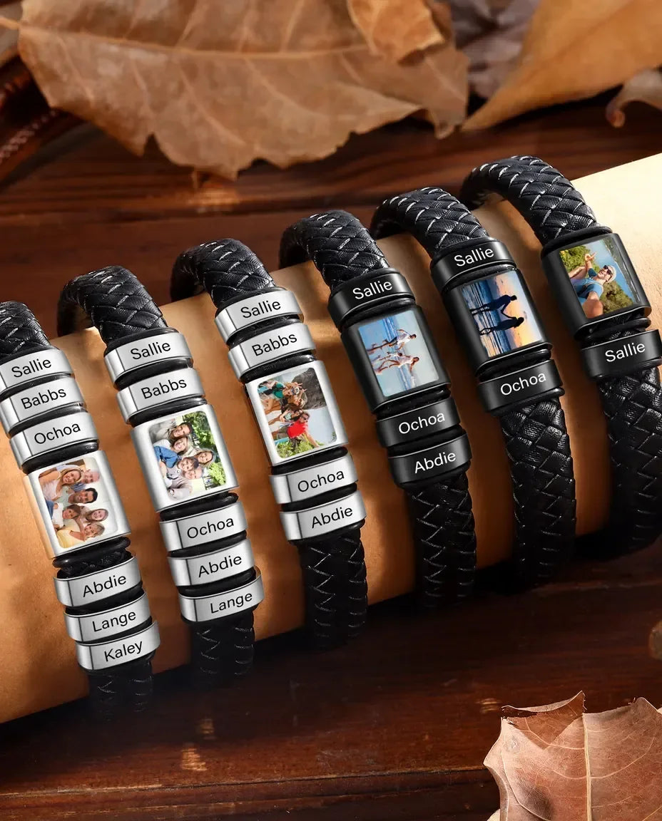 Armband med Bild och 1 till 6 Graverade Namnpärlor – Flätat Läder med Magnetlås