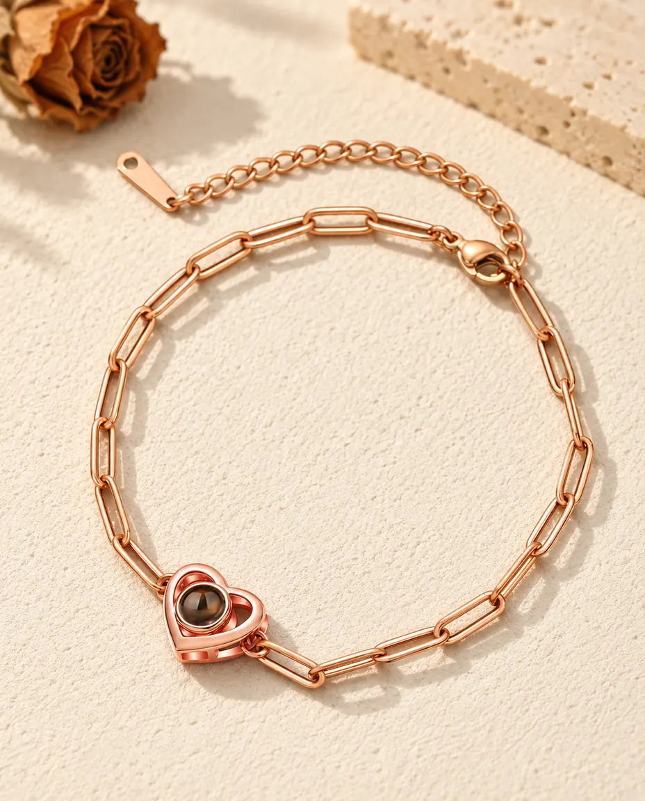 Roséguldfärgat armband med bild inuti, dubbel hjärtberlock, karbinlås och förlängningskedja