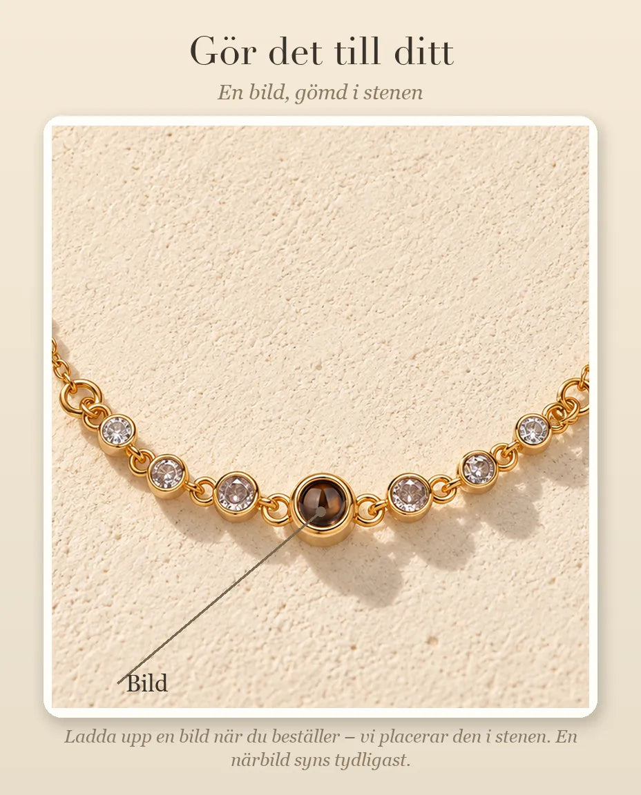 Guide som visar var din bild från fältet Bild hamnar inuti projektionsstenen i armbandet med stenrad