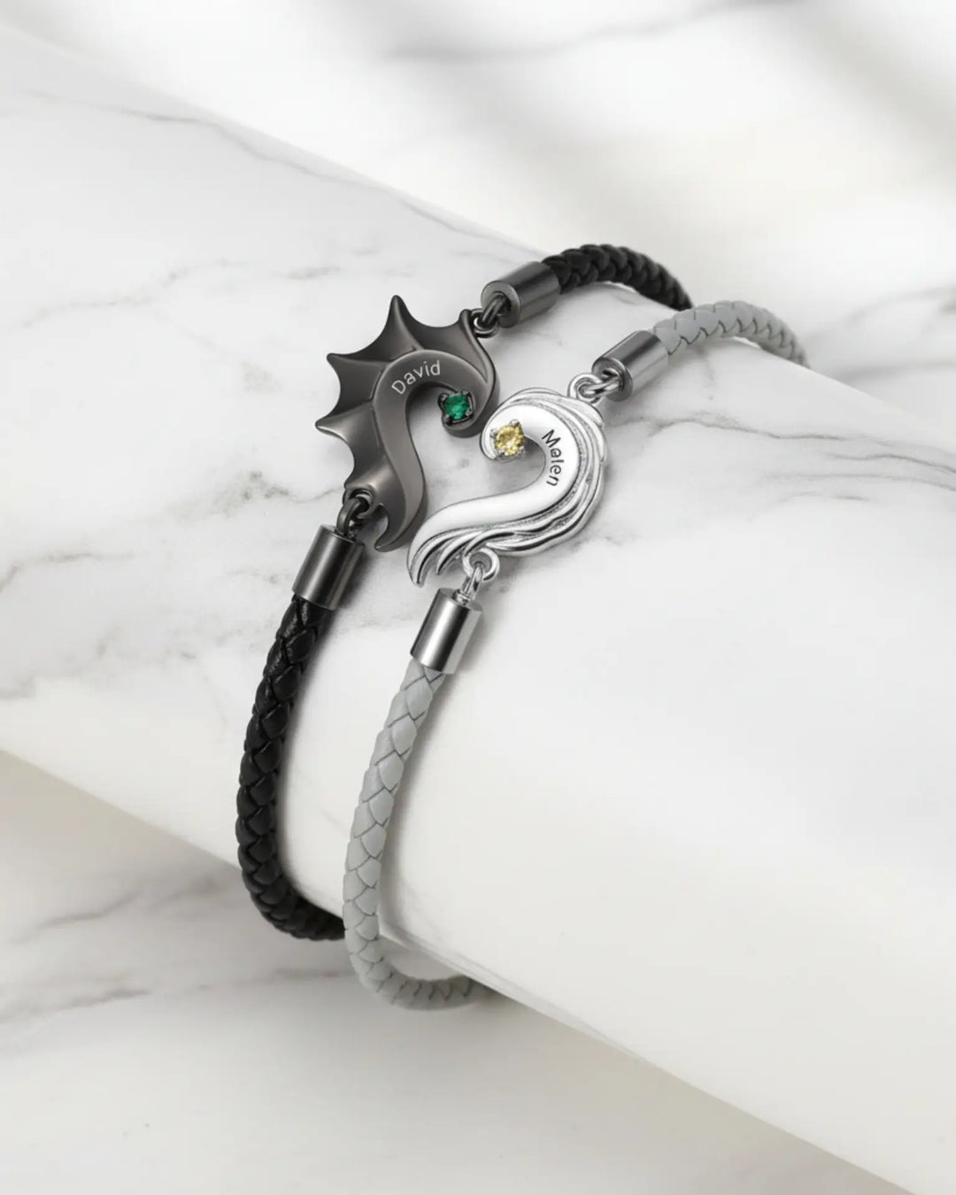Armband för Par – Delbart Hjärta med Drakvinge och Änglavinge i Läder