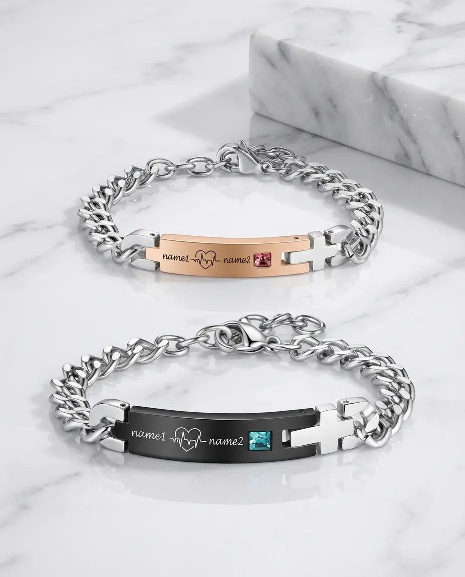 Armband för Par – Graverat Hjärtslag i Rostfritt Stål, Set om Två