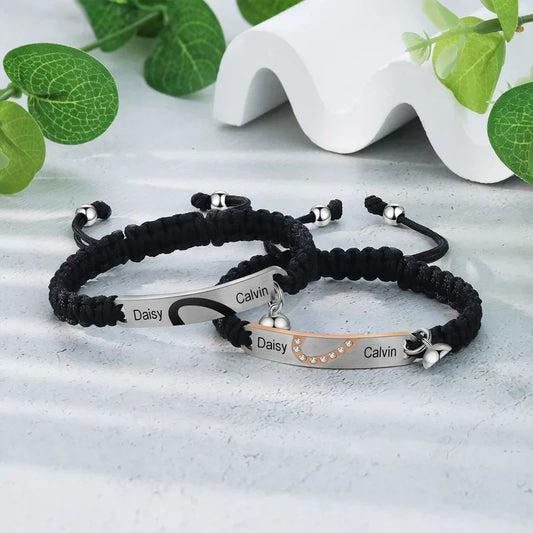 Armband för Par – Magnetiska Hjärtan med Namn, Stål och Flätad Rem