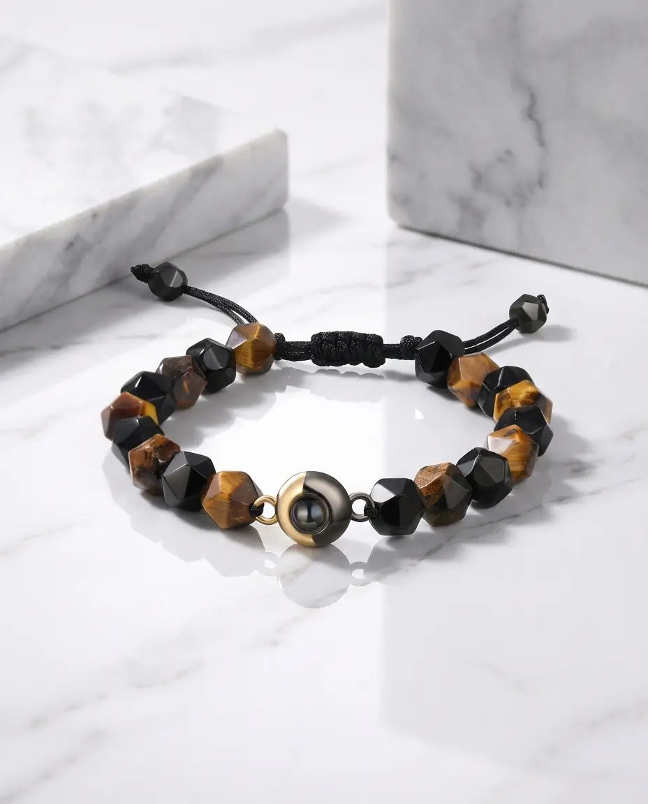Armband med Bild Inuti – Pärlor av Naturligt Tigeröga, Unisex