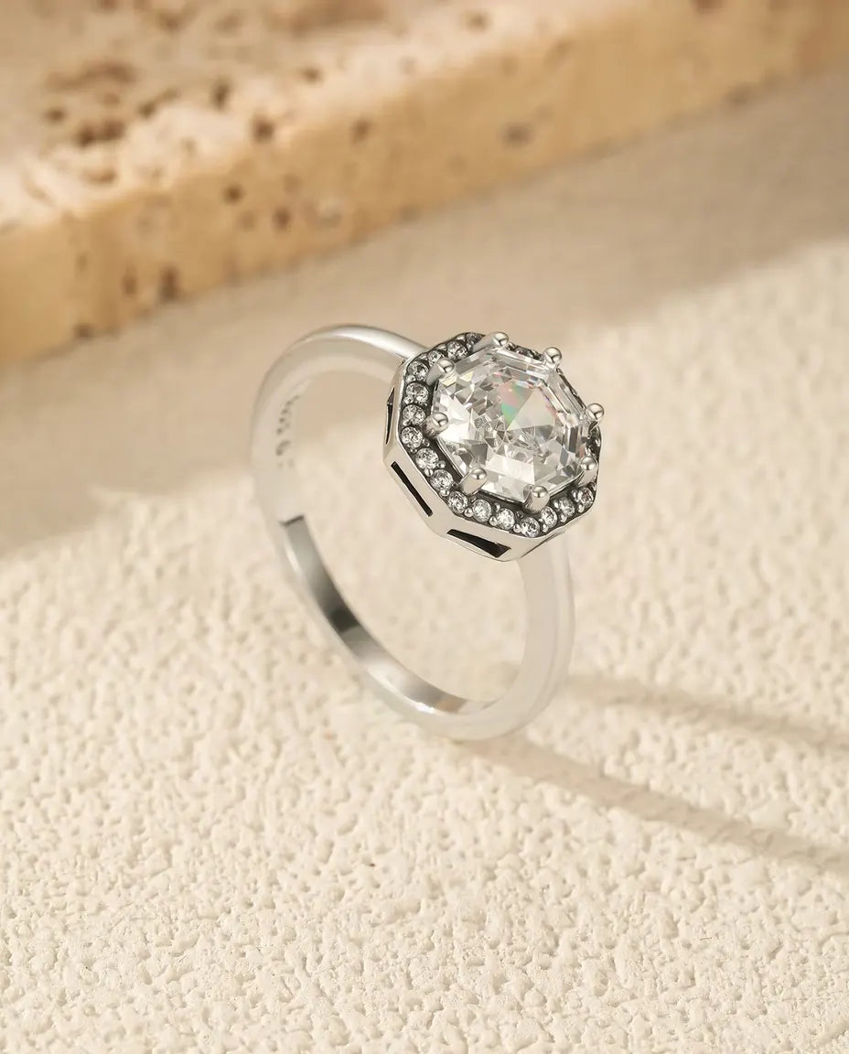 Åttakantig Halo Ring - zirkonia i trappslipning med pavéhalo, 9,5 mm, storlek 5 till 9, 925 sterlingsilver