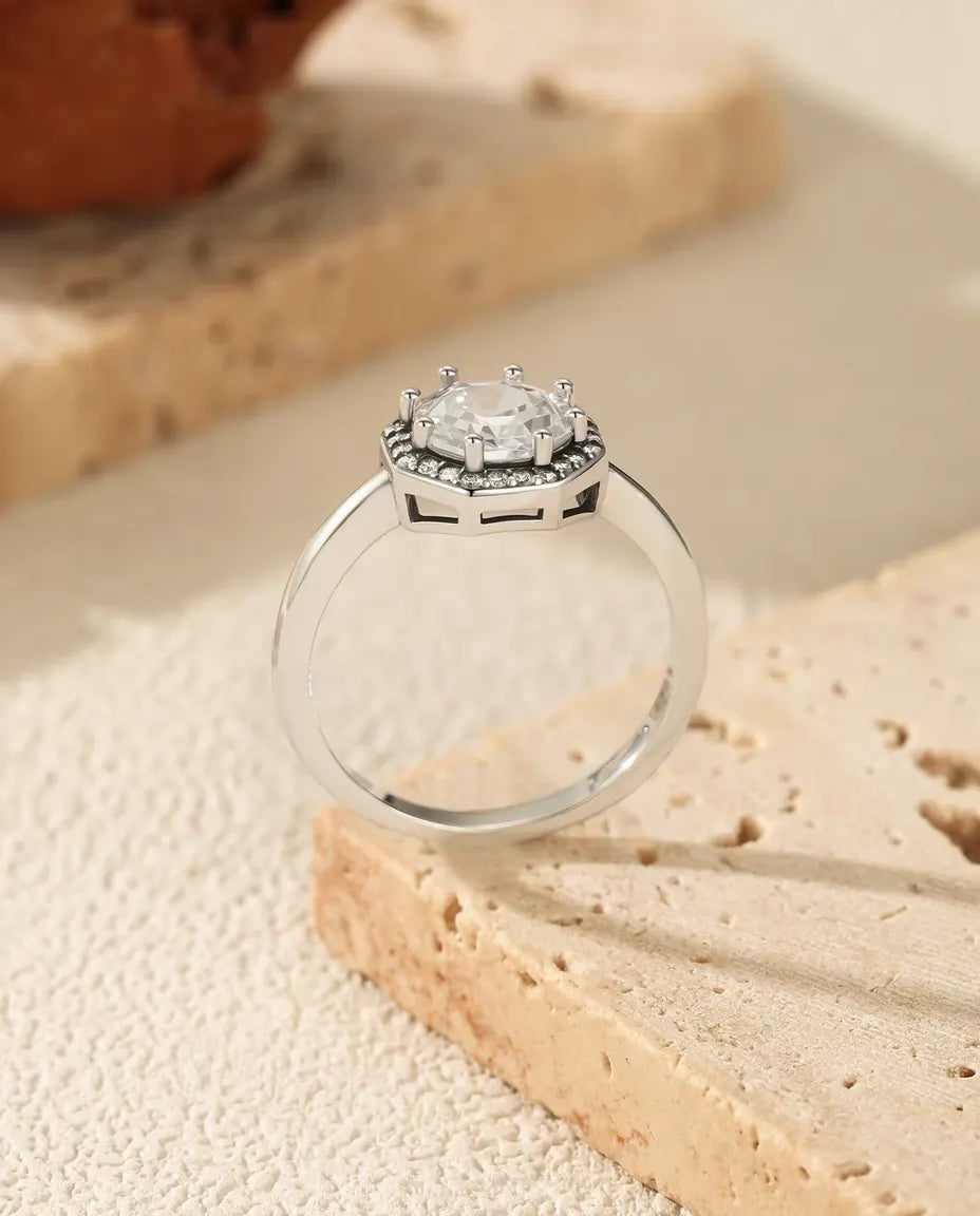 Åttakantig Halo Ring - zirkonia i trappslipning med pavéhalo, 9,5 mm, storlek 5 till 9, 925 sterlingsilver