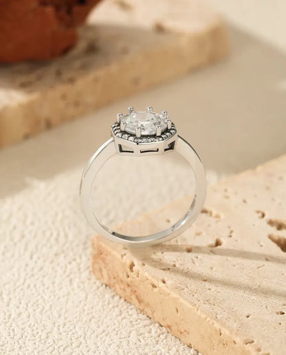Åttakantig Halo Ring - zirkonia i trappslipning med pavéhalo, 9,5 mm, storlek 5 till 9, 925 sterlingsilver