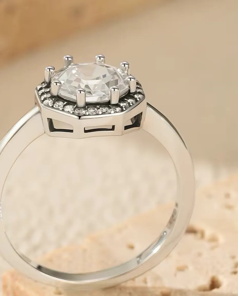 Åttakantig Halo Ring - zirkonia i trappslipning med pavéhalo, 9,5 mm, storlek 5 till 9, 925 sterlingsilver