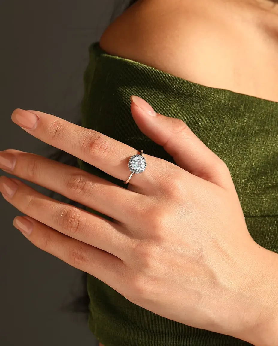 Åttakantig Halo Ring - zirkonia i trappslipning med pavéhalo, 9,5 mm, storlek 5 till 9, 925 sterlingsilver