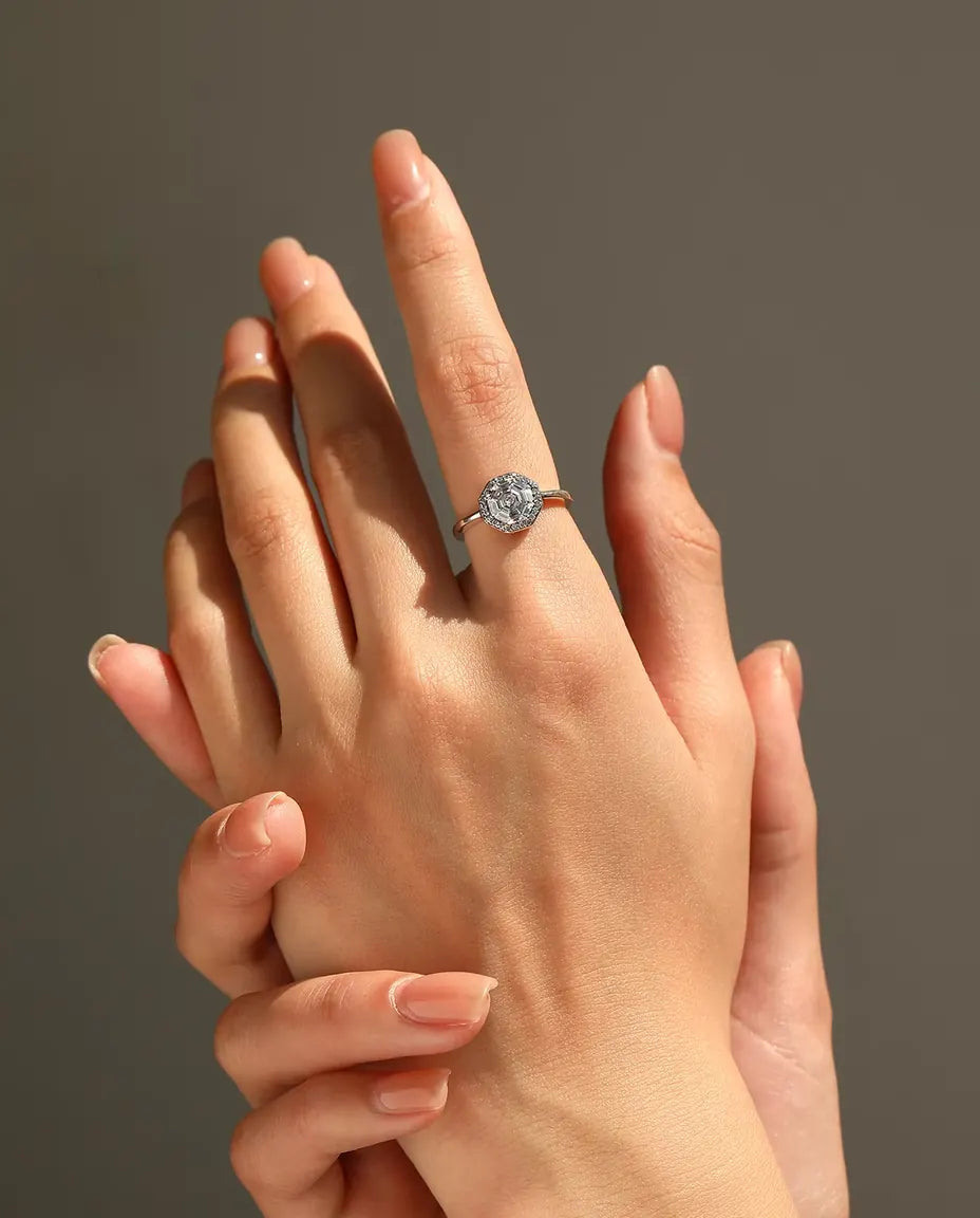 Åttakantig Halo Ring - zirkonia i trappslipning med pavéhalo, 9,5 mm, storlek 5 till 9, 925 sterlingsilver