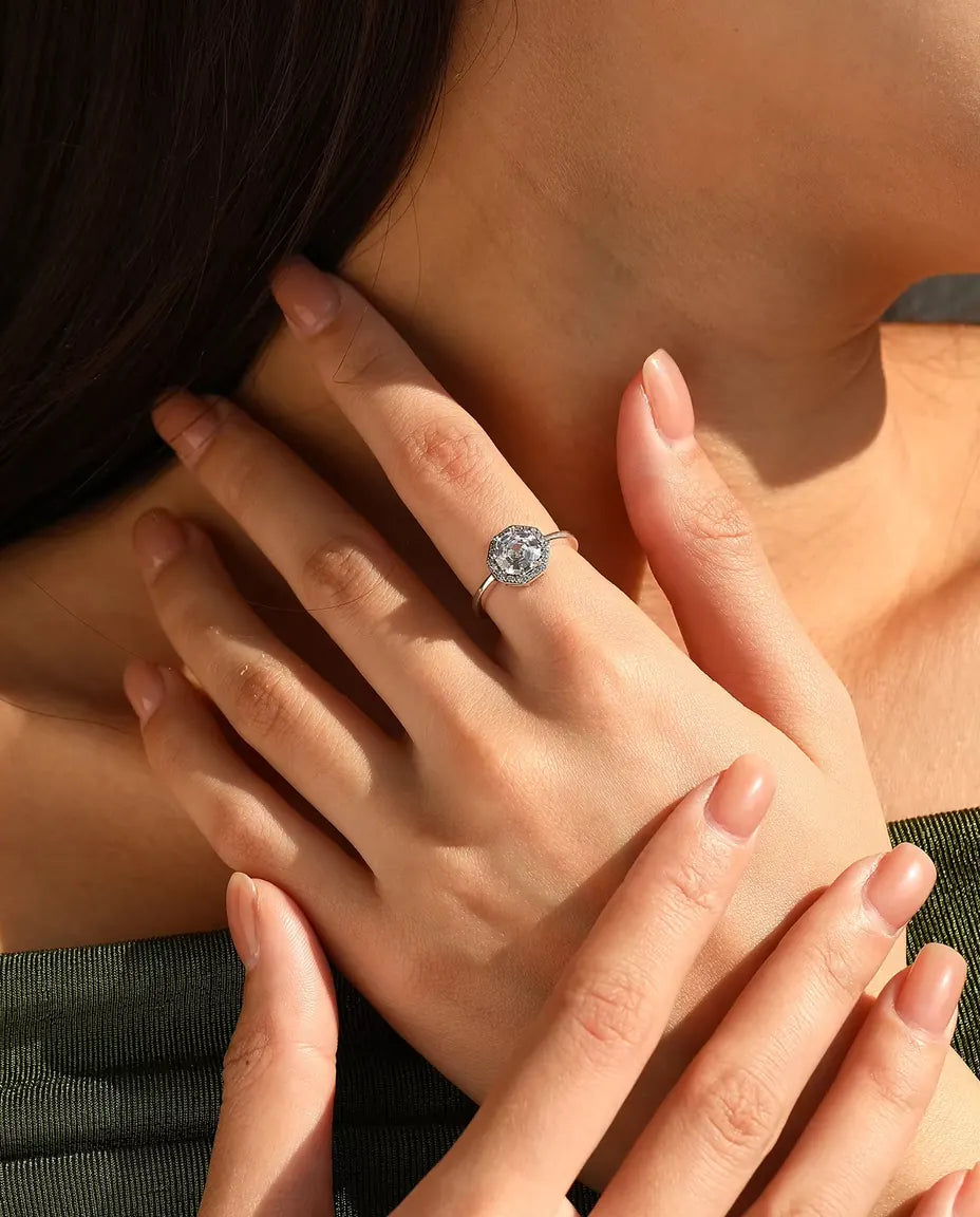 Åttakantig Halo Ring - zirkonia i trappslipning med pavéhalo, 9,5 mm, storlek 5 till 9, 925 sterlingsilver