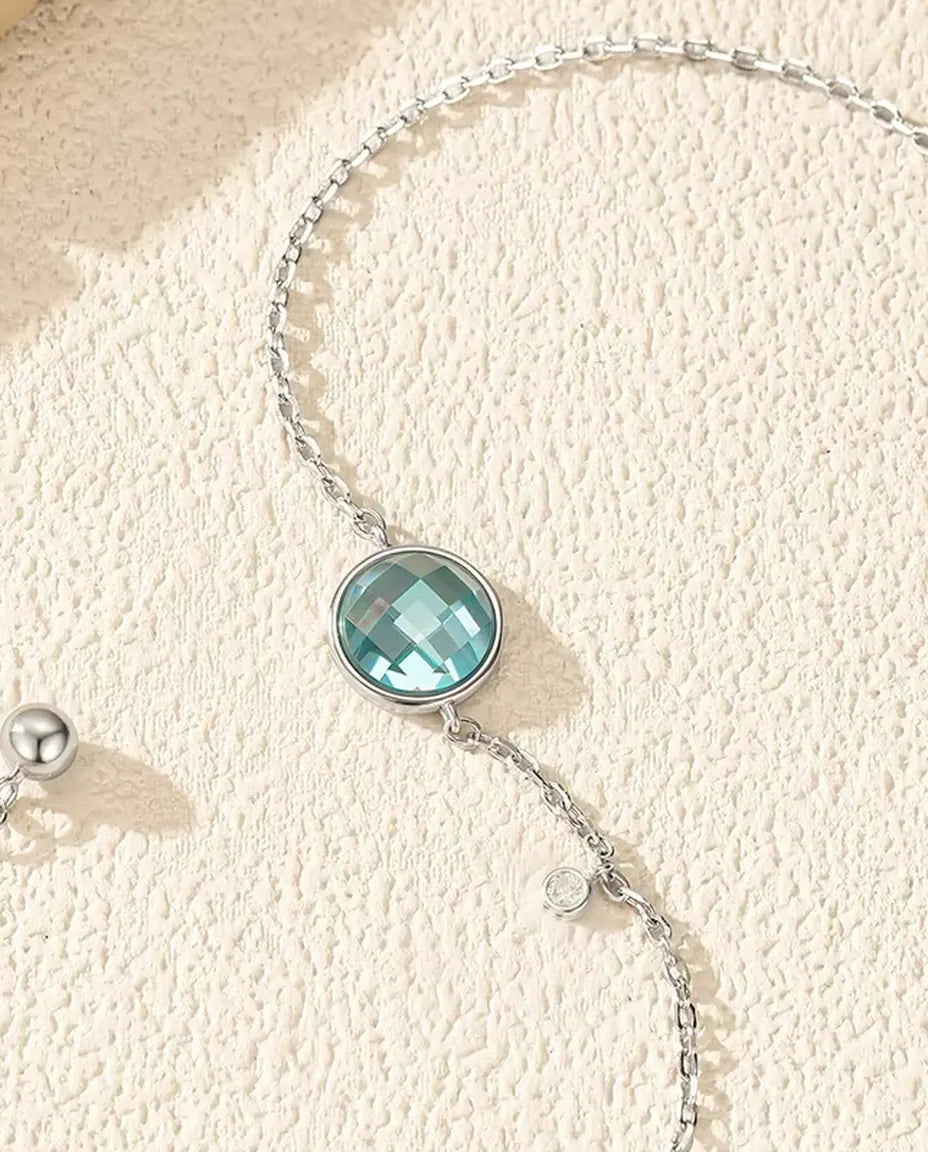 Armband med blå zirkonia - schackrutslipning 8 mm på ankarkedja med glidlås, 925 sterlingsilver