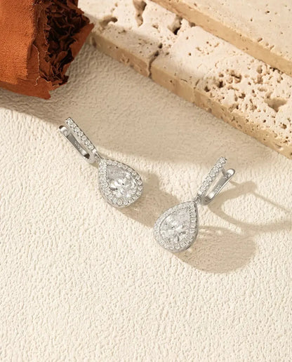 Droppe Örhängen med zirkoniahalo - klafflås med pavé, 28,5 mm långa, 925 sterlingsilver