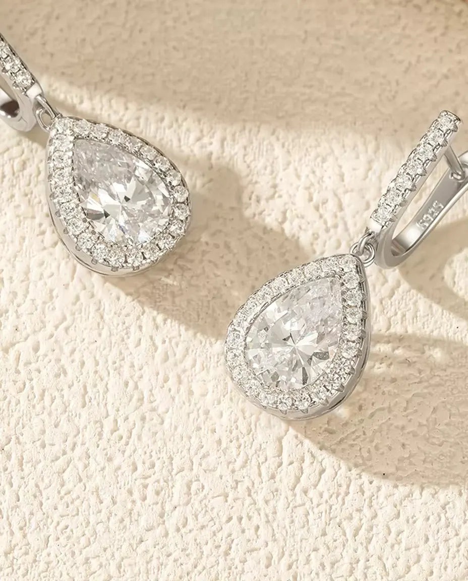 Droppe Örhängen med zirkoniahalo - klafflås med pavé, 28,5 mm långa, 925 sterlingsilver