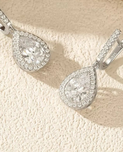 Droppe Örhängen med zirkoniahalo - klafflås med pavé, 28,5 mm långa, 925 sterlingsilver