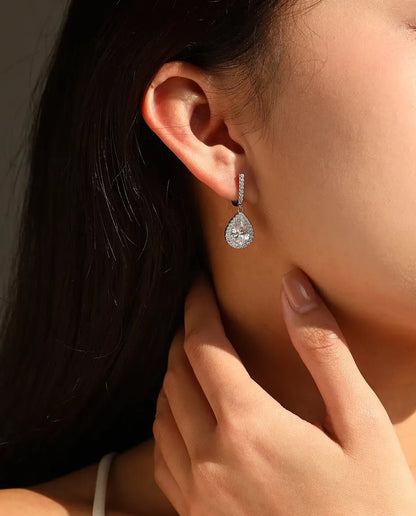 Droppe Örhängen med zirkoniahalo - klafflås med pavé, 28,5 mm långa, 925 sterlingsilver