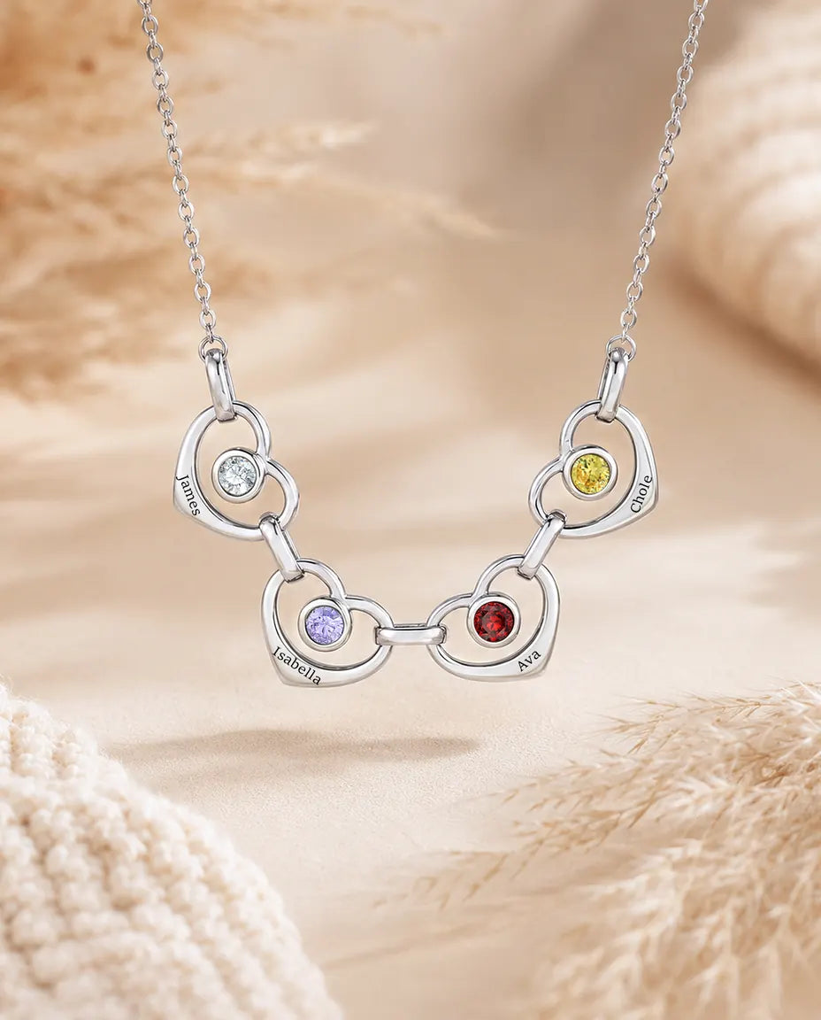 Personligt Familjehalsband med 1 till 6 Namn - länkade hjärtan med månadsstenar, rodinerat