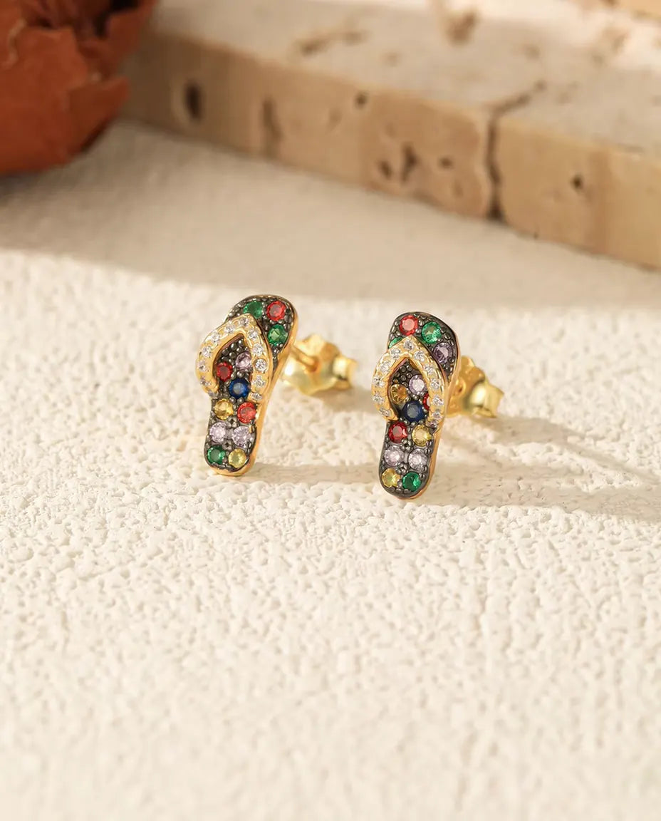 Flip Flop Örhängen med färgade stenar - 925 sterlingsilver pläterat med 18 karats guld, 4,5 x 11 mm