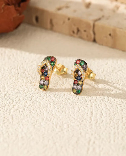 Flip Flop Örhängen med färgade stenar - 925 sterlingsilver pläterat med 18 karats guld, 4,5 x 11 mm