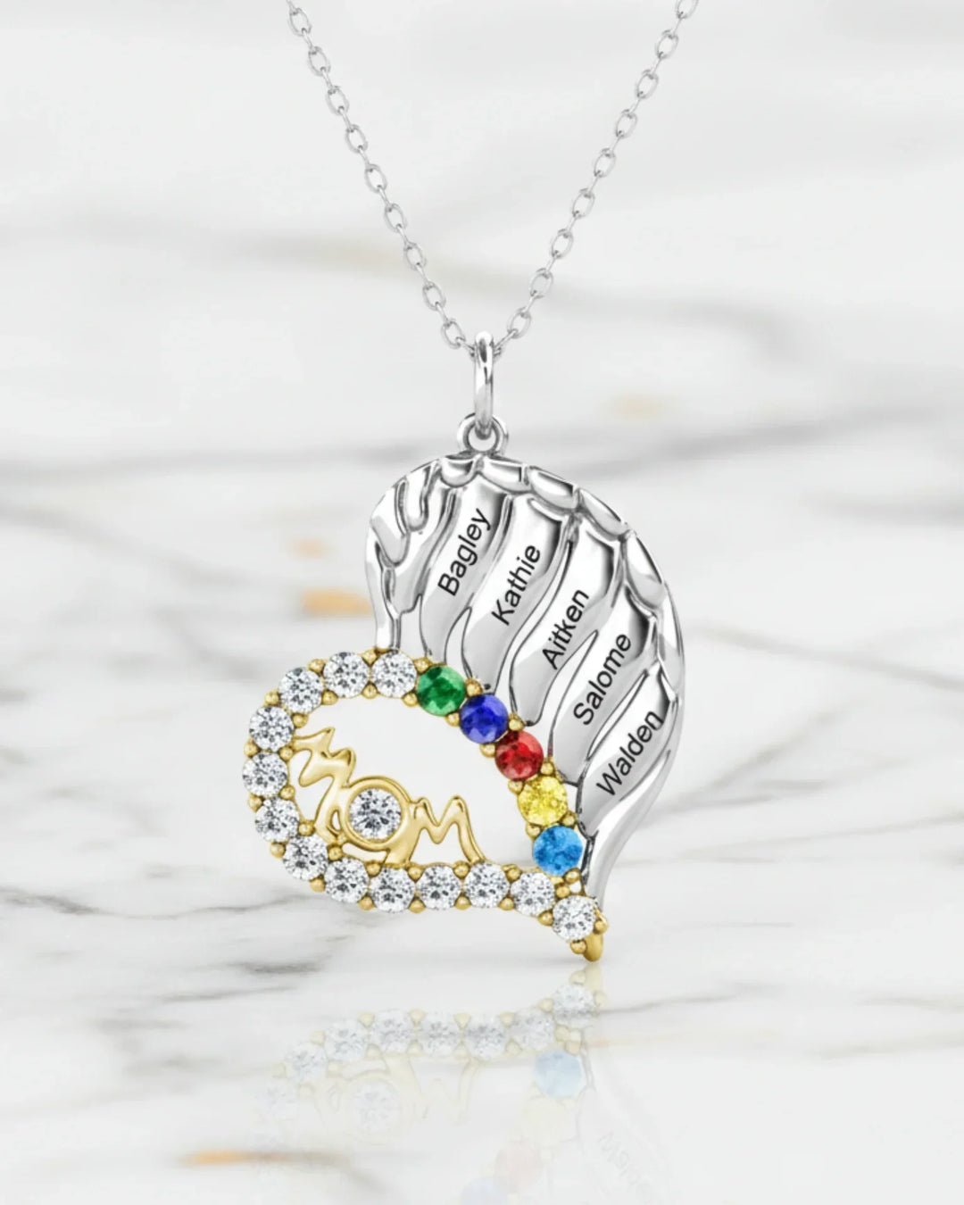 Halsband med Månadssten – Bevingat Hjärta i 925 Sterling Silver med 3–6 Namn, Present till Mamma