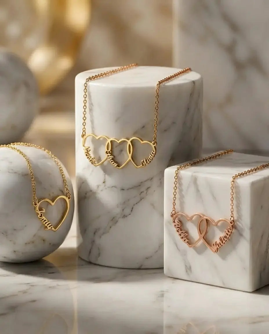 Namnhalsband med Sammanlänkade Hjärtan – 1 till 5 Graverade Namn, Present till Mamma eller Mormor