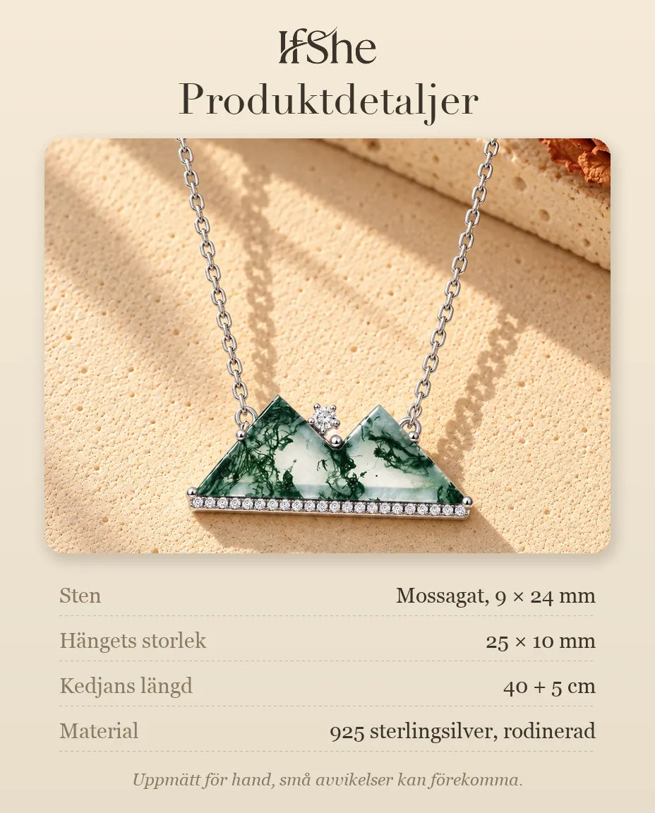 Moss Agate Halsband med Berg i 925 Sterlingsilver - produktdetaljer med stenar, hängets storlek, kedjans längd och material