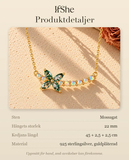 Moss Agate Halsband med Blomma i Guldpläterat 925 Sterlingsilver - produktdetaljer med stenar, hängets storlek, kedjans längd och material