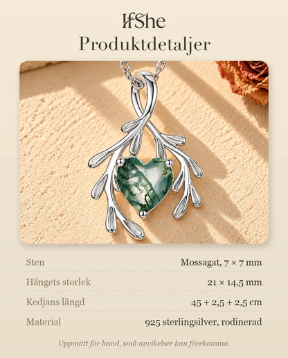 Moss Agate Halsband med Hjärta och Grenar i 925 Sterlingsilver - produktdetaljer med stenar, hängets storlek, kedjans längd och material