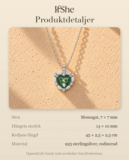 Moss Agate Halsband med Hjärta i 925 Sterlingsilver - produktdetaljer med stenar, hängets storlek, kedjans längd och material