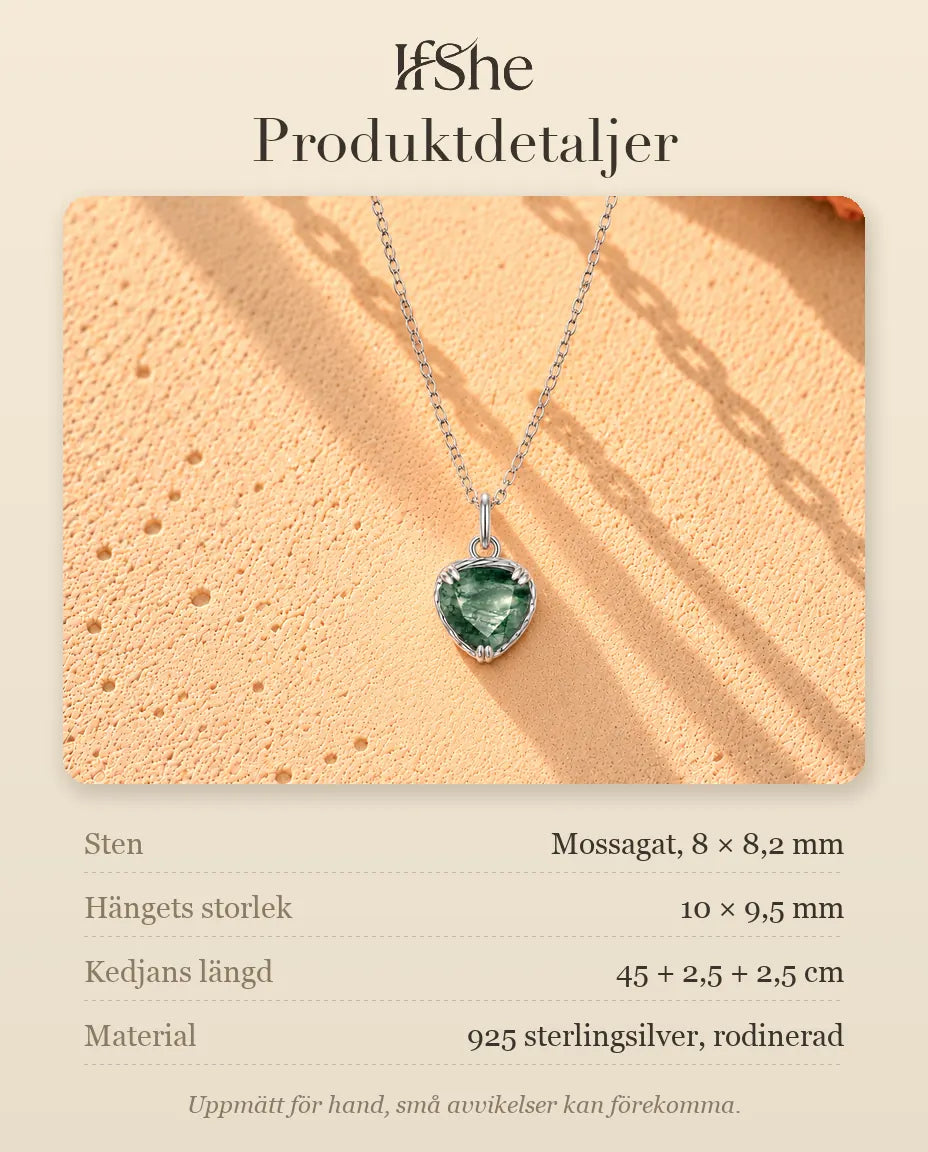 Moss Agate Halsband med Hjärta i 925 Sterlingsilver - produktdetaljer med stenar, hängets storlek, kedjans längd och material