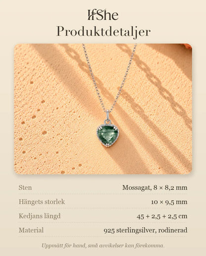 Moss Agate Halsband med Hjärta i 925 Sterlingsilver - produktdetaljer med stenar, hängets storlek, kedjans längd och material
